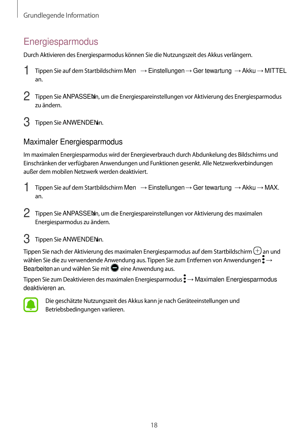 Samsung SM-T825NZKADBT manual Maximaler Energiesparmodus, Zu ändern, Tippen Sie Anwenden an, Energiesparmodus zu ändern 