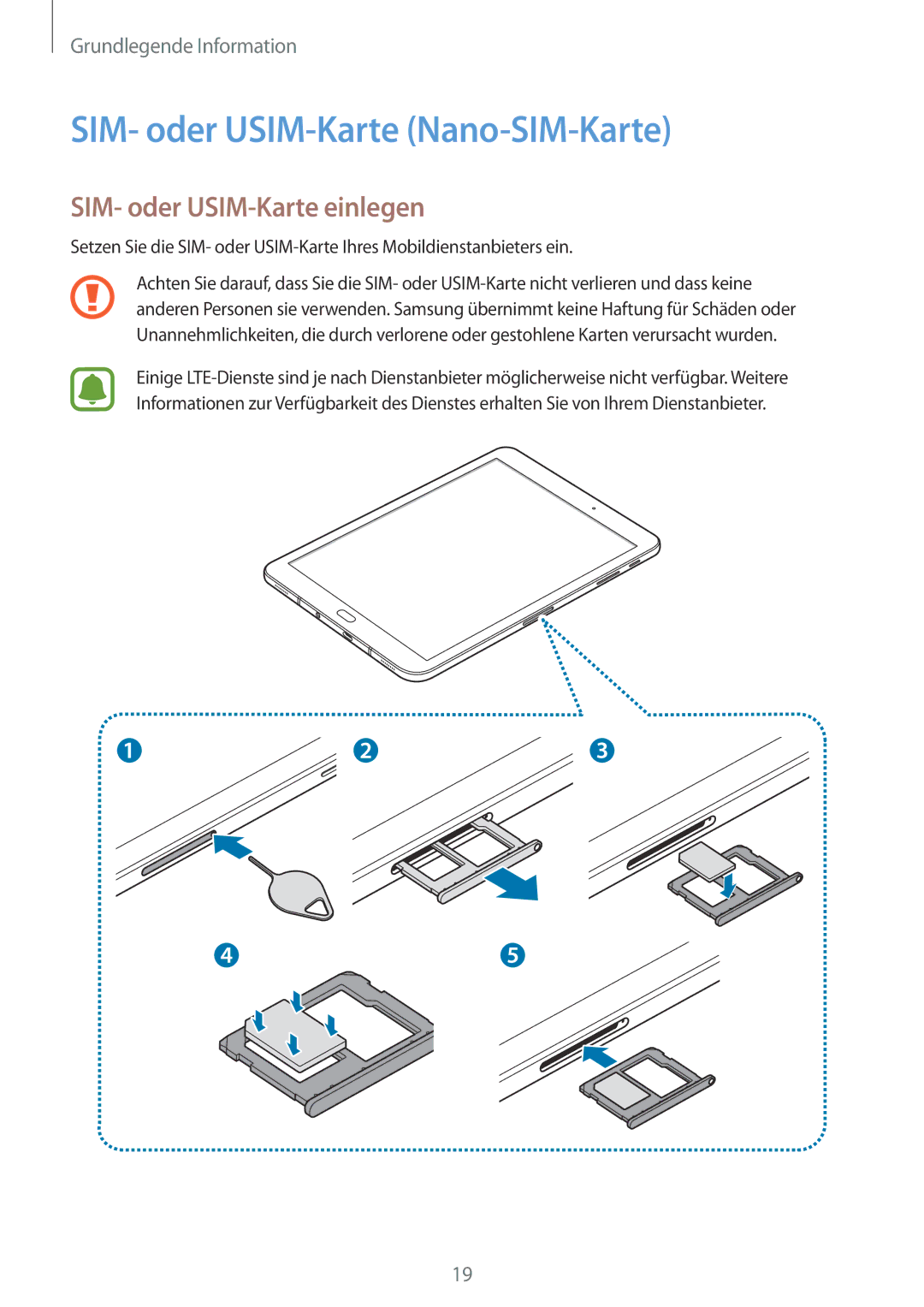 Samsung SM-T825NZSADBT, SM-T825NZKADBT manual SIM- oder USIM-Karte Nano-SIM-Karte, SIM- oder USIM-Karte einlegen 