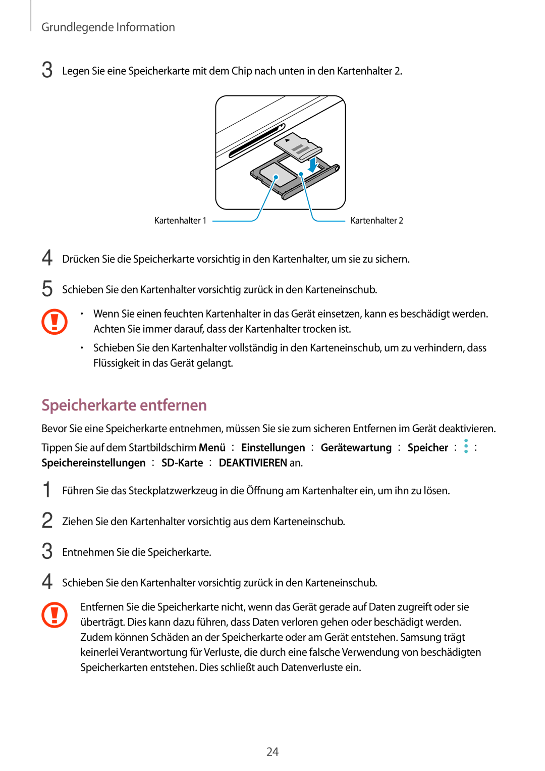 Samsung SM-T825NZKADBT, SM-T825NZSADBT manual Speicherkarte entfernen 