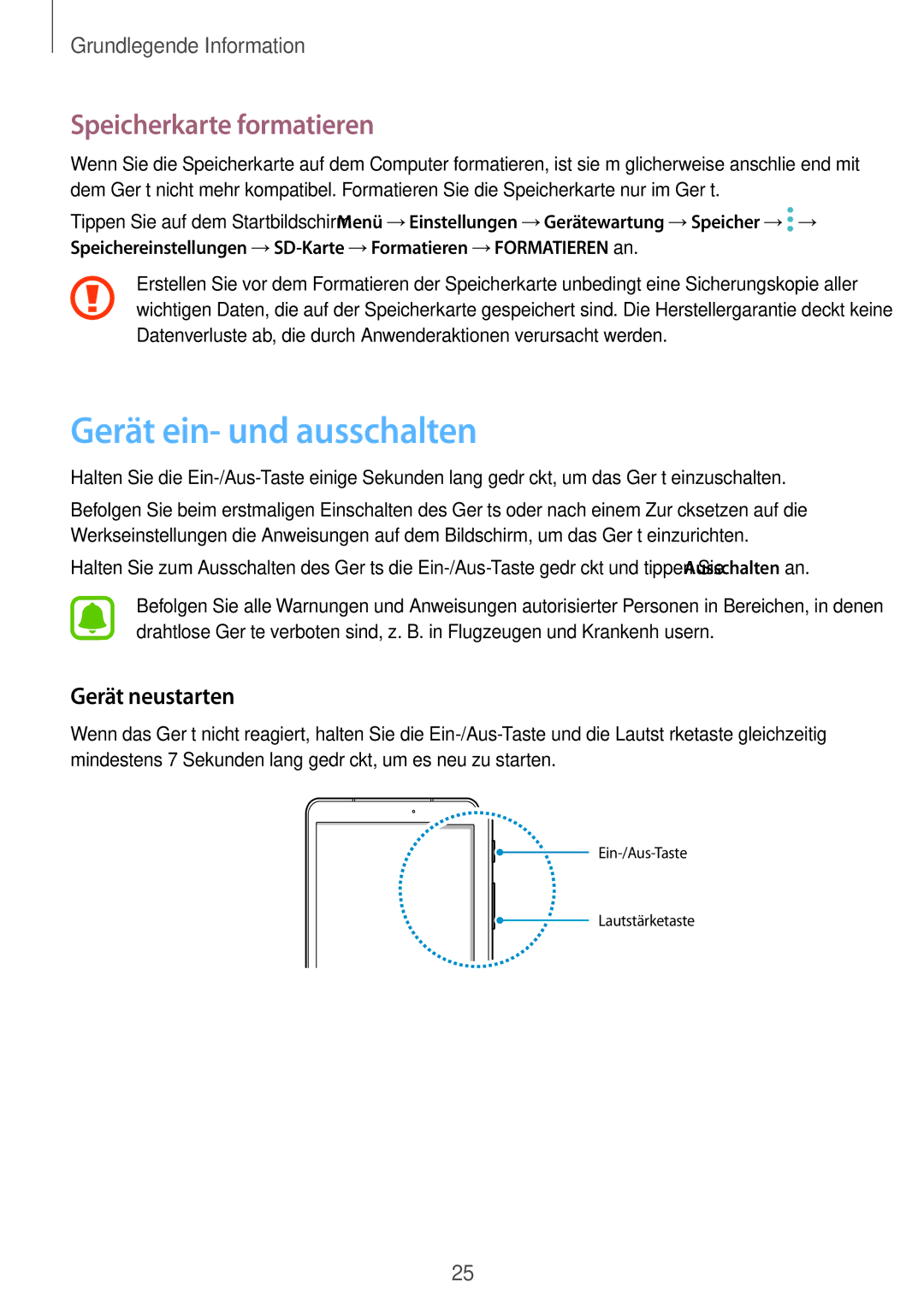 Samsung SM-T825NZSADBT, SM-T825NZKADBT manual Gerät ein- und ausschalten, Speicherkarte formatieren, Gerät neustarten 