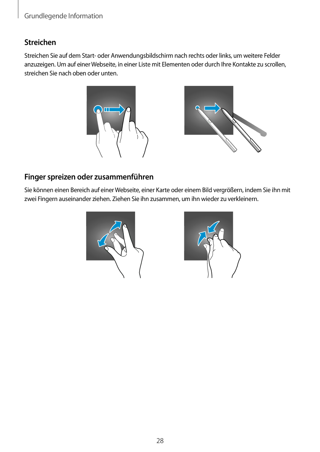 Samsung SM-T825NZKADBT, SM-T825NZSADBT manual Streichen, Finger spreizen oder zusammenführen 