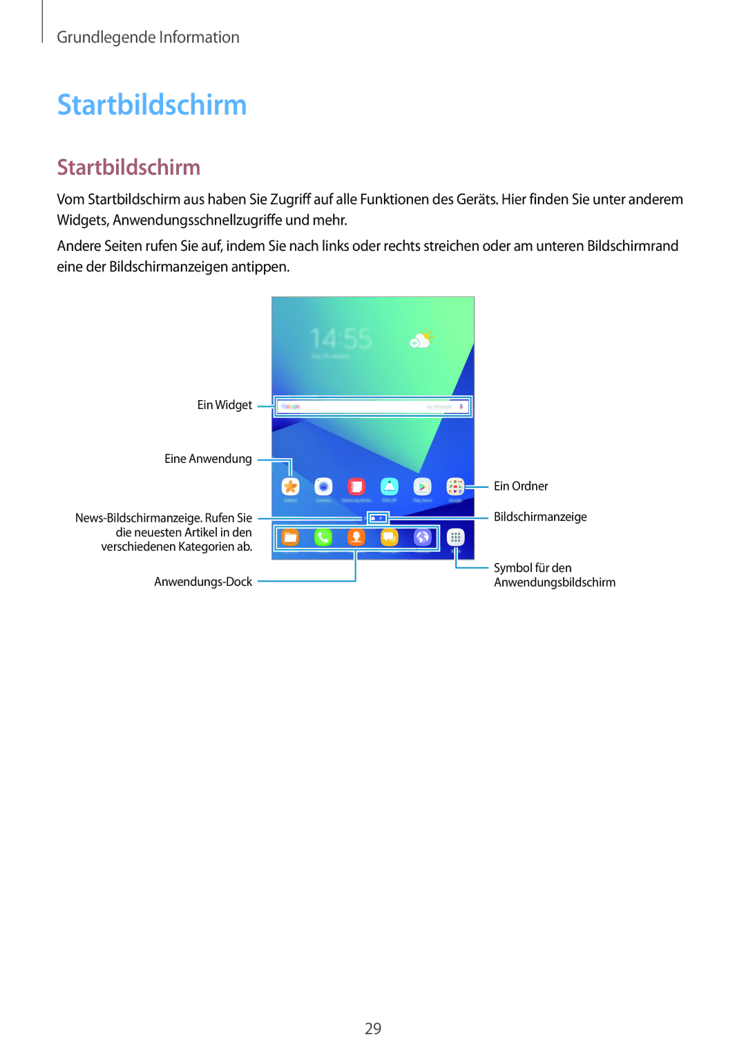 Samsung SM-T825NZSADBT, SM-T825NZKADBT manual Startbildschirm 