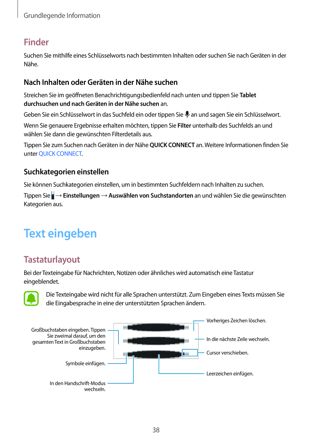 Samsung SM-T825NZKADBT manual Text eingeben, Finder, Tastaturlayout, Nach Inhalten oder Geräten in der Nähe suchen 