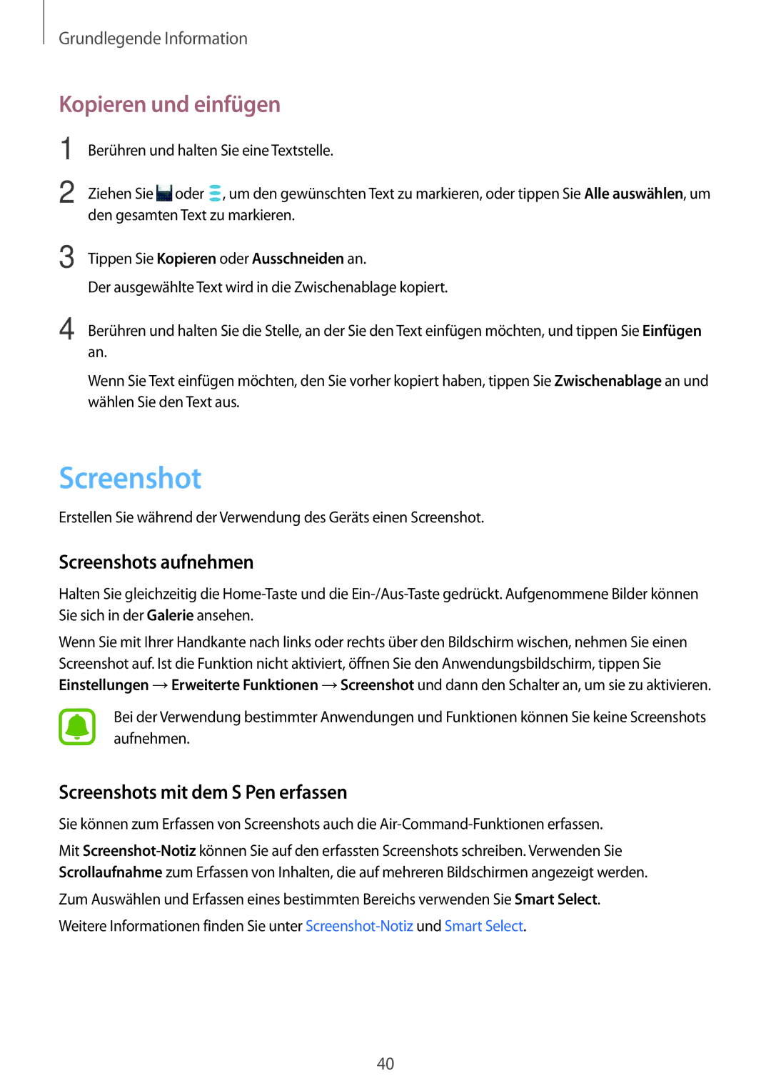 Samsung SM-T825NZKADBT manual Kopieren und einfügen, Screenshots aufnehmen, Screenshots mit dem S Pen erfassen 