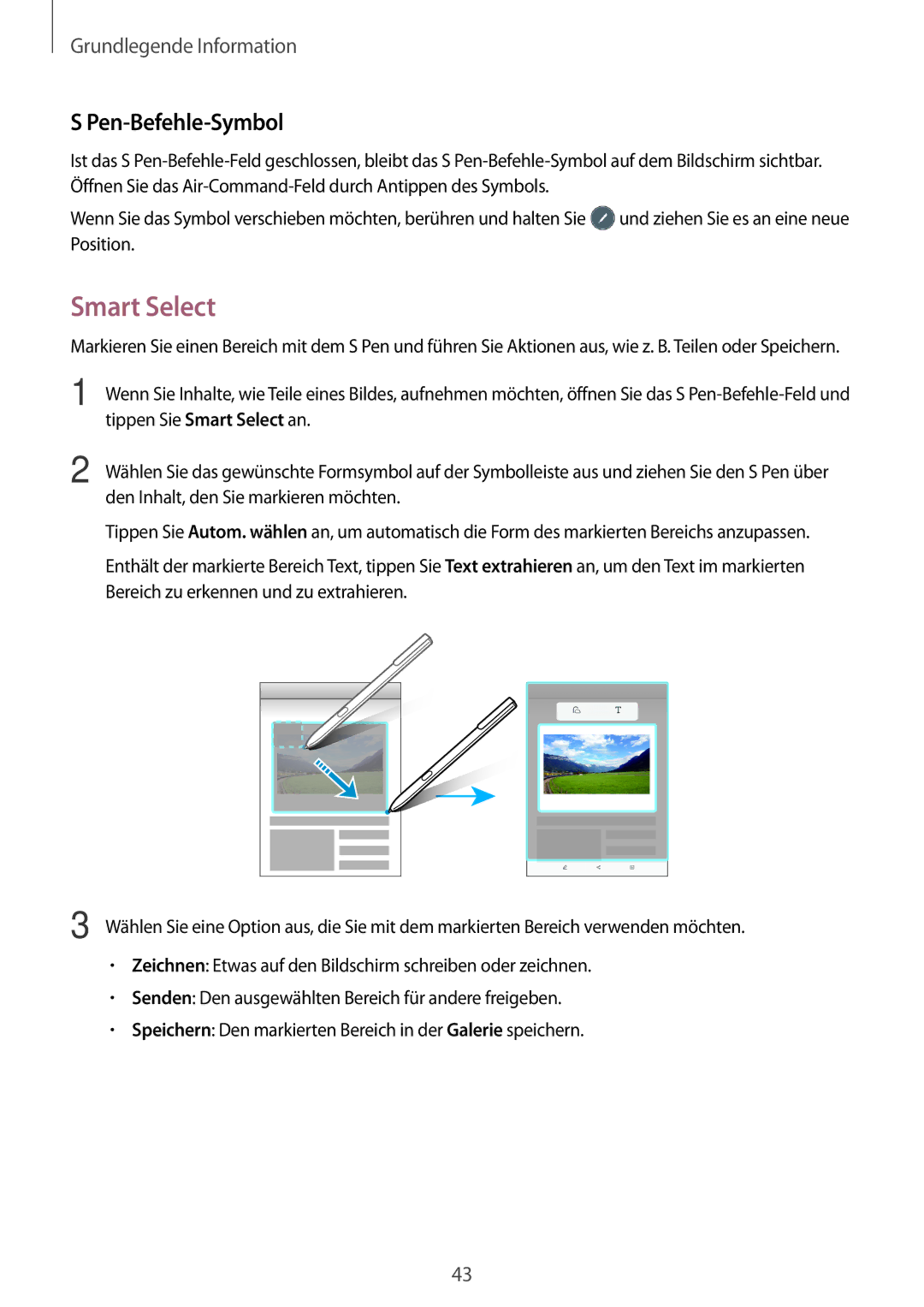 Samsung SM-T825NZSADBT manual Pen-Befehle-Symbol, Tippen Sie Smart Select an, Den Inhalt, den Sie markieren möchten 