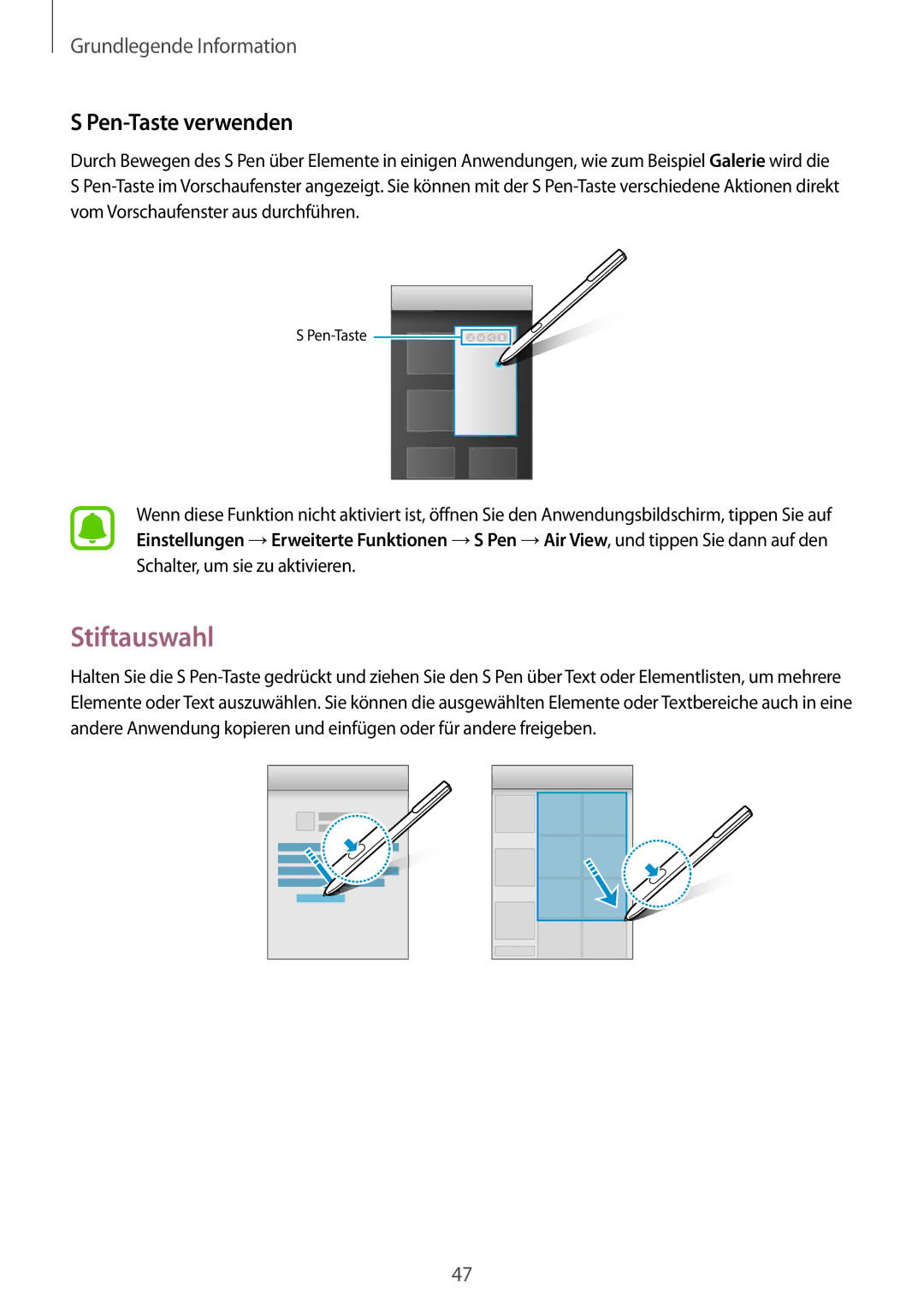 Samsung SM-T825NZSADBT, SM-T825NZKADBT manual Stiftauswahl, Pen-Taste verwenden 