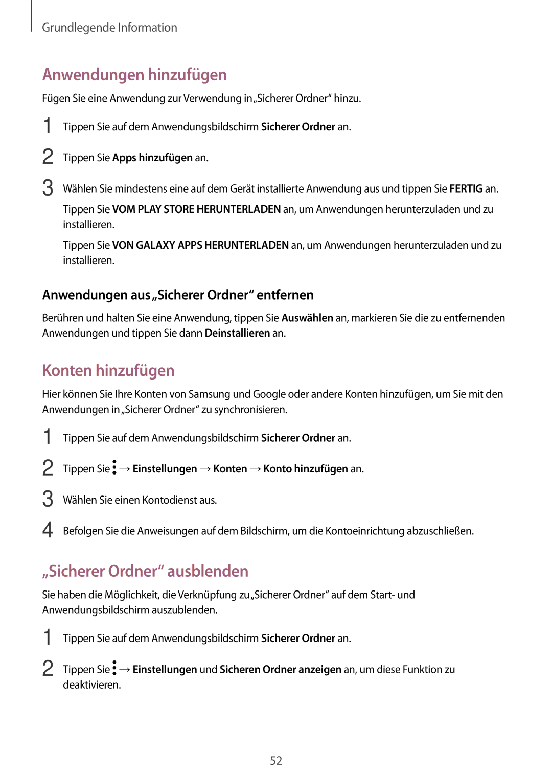 Samsung SM-T825NZKADBT, SM-T825NZSADBT manual Anwendungen hinzufügen, Konten hinzufügen, „Sicherer Ordner ausblenden 