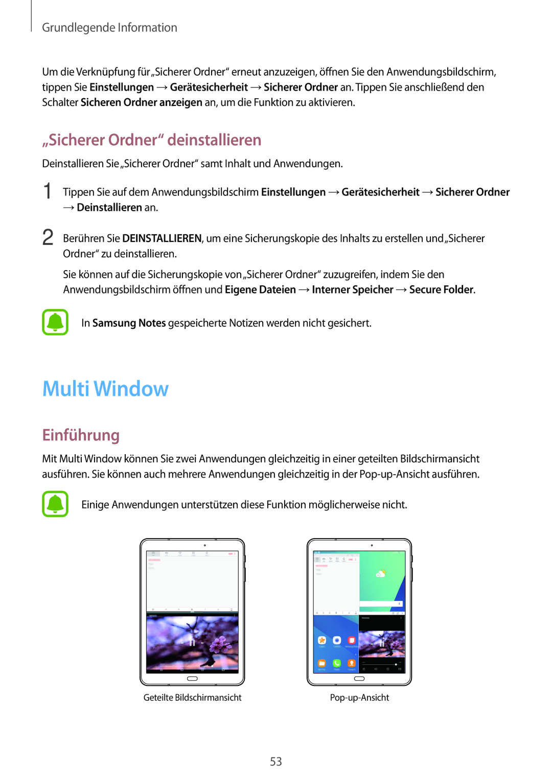 Samsung SM-T825NZSADBT, SM-T825NZKADBT manual Multi Window, „Sicherer Ordner deinstallieren, → Deinstallieren an 