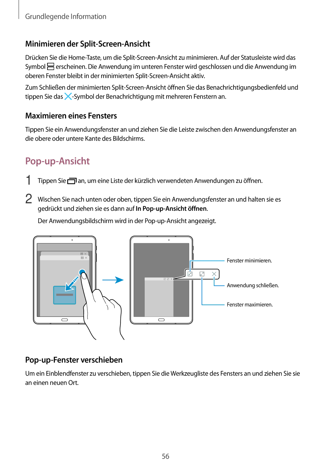 Samsung SM-T825NZKADBT, SM-T825NZSADBT manual Pop-up-Ansicht, Minimieren der Split-Screen-Ansicht, Maximieren eines Fensters 