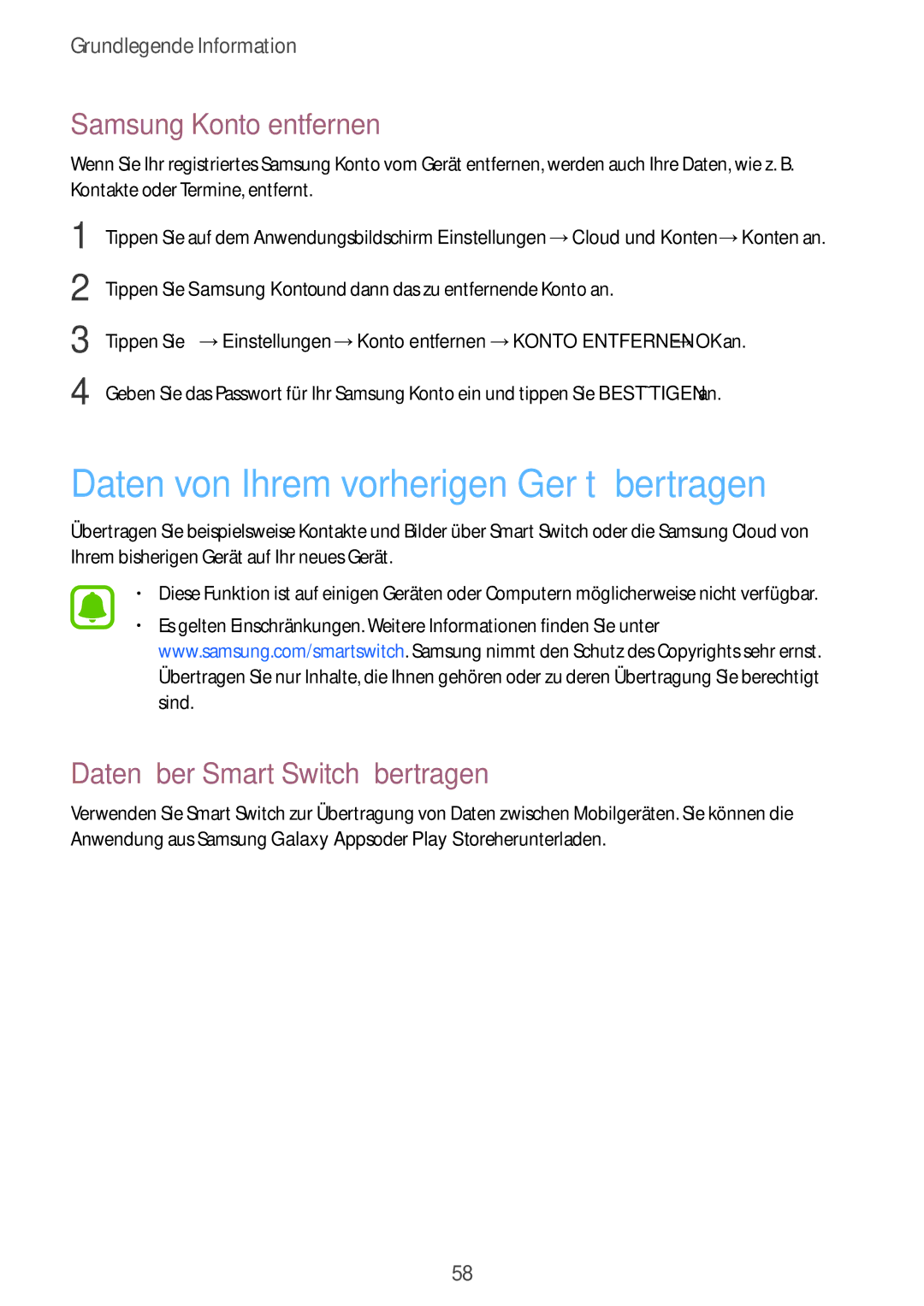 Samsung SM-T825NZKADBT, SM-T825NZSADBT manual Daten von Ihrem vorherigen Gerät übertragen, Samsung Konto entfernen 