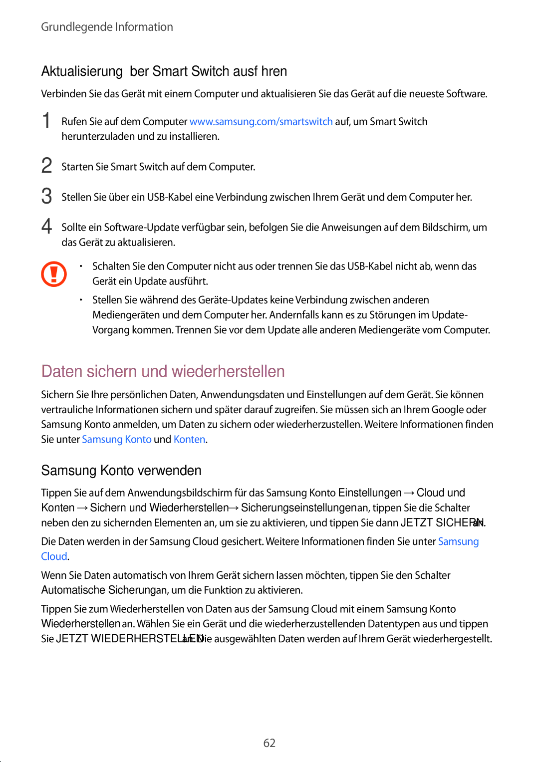 Samsung SM-T825NZKADBT, SM-T825NZSADBT manual Daten sichern und wiederherstellen, Aktualisierung über Smart Switch ausführen 