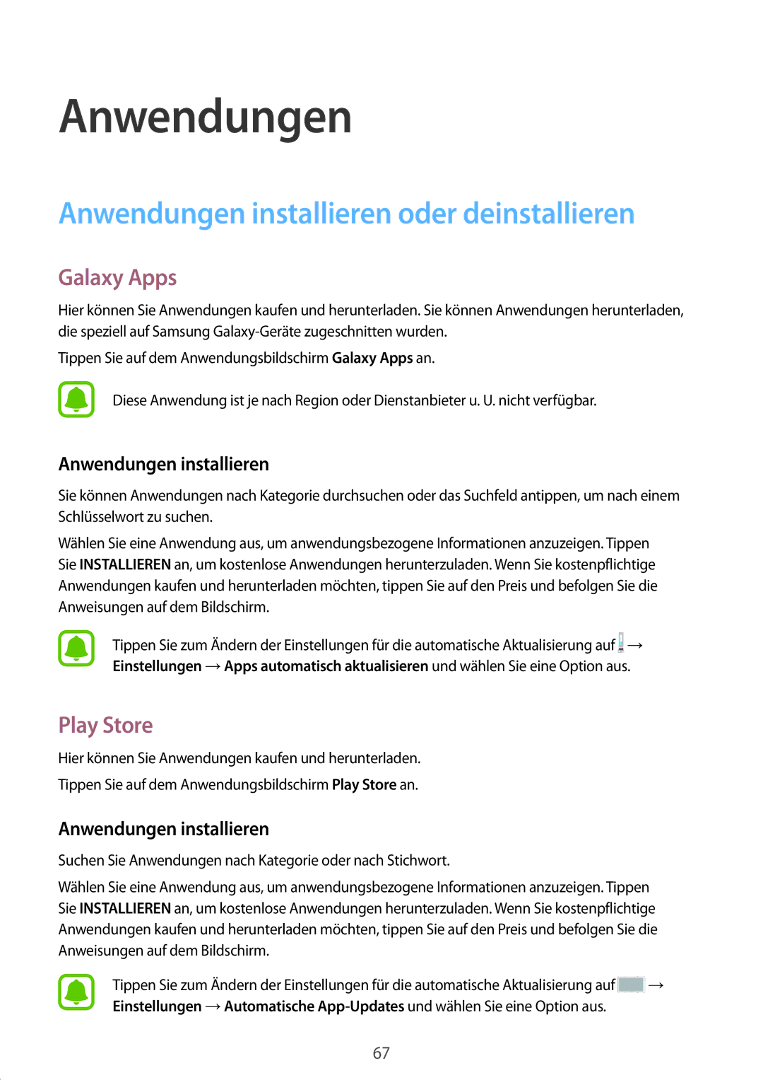 Samsung SM-T825NZSADBT, SM-T825NZKADBT manual Anwendungen installieren oder deinstallieren, Galaxy Apps, Play Store 