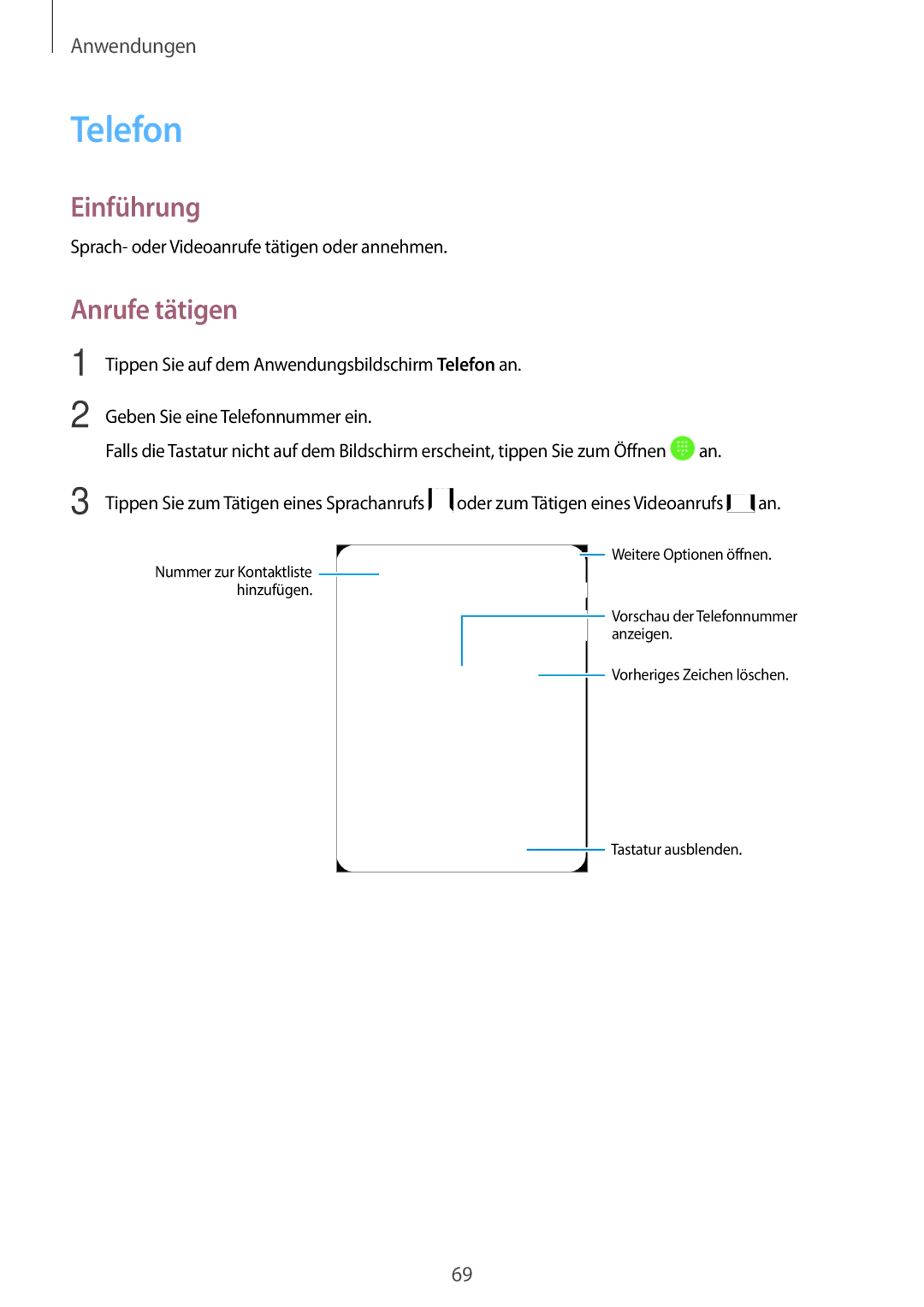 Samsung SM-T825NZSADBT, SM-T825NZKADBT manual Telefon, Anrufe tätigen, Sprach- oder Videoanrufe tätigen oder annehmen 