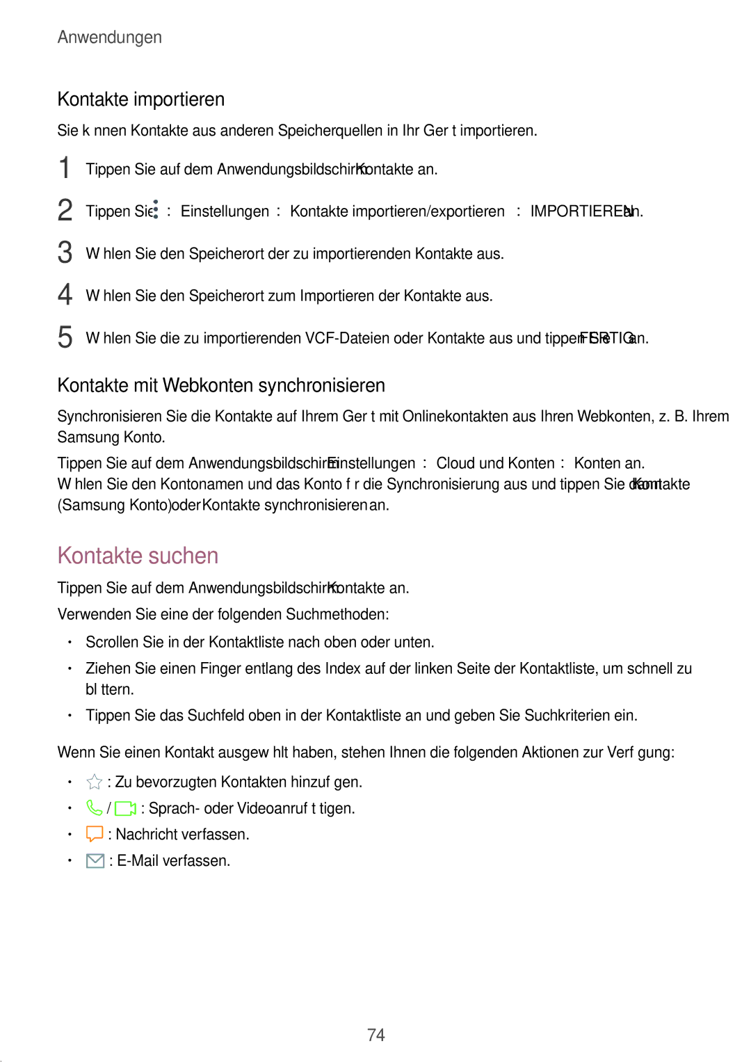 Samsung SM-T825NZKADBT, SM-T825NZSADBT manual Kontakte suchen, Kontakte importieren, Kontakte mit Webkonten synchronisieren 