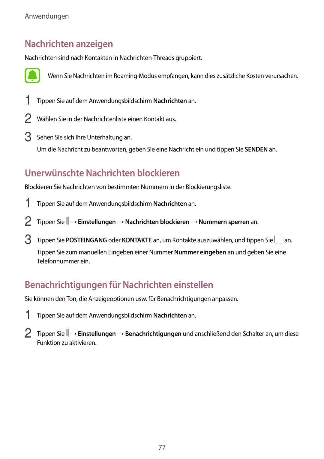 Samsung SM-T825NZSADBT, SM-T825NZKADBT manual Nachrichten anzeigen, Unerwünschte Nachrichten blockieren 