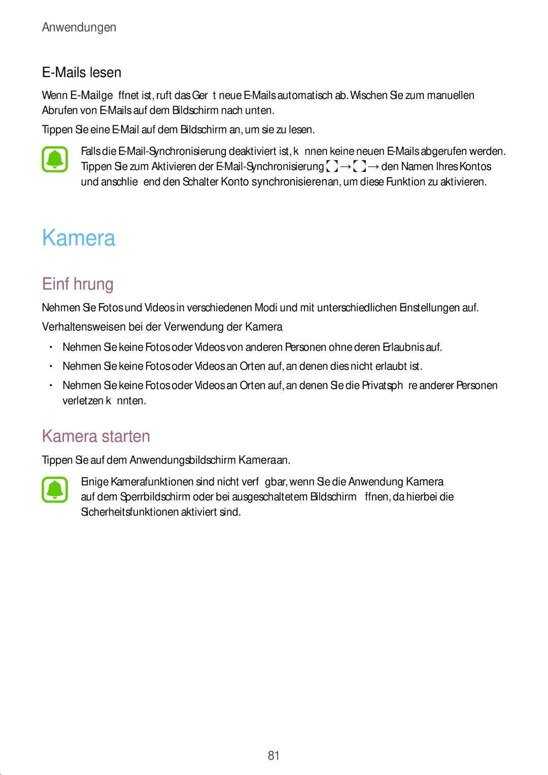 Samsung SM-T825NZSADBT, SM-T825NZKADBT Kamera starten, Mails lesen, Verhaltensweisen bei der Verwendung der Kamera 