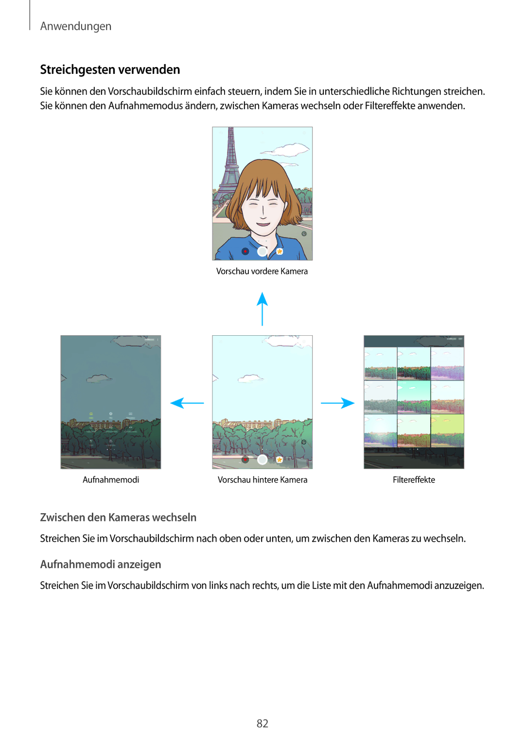 Samsung SM-T825NZKADBT, SM-T825NZSADBT manual Streichgesten verwenden, Zwischen den Kameras wechseln 