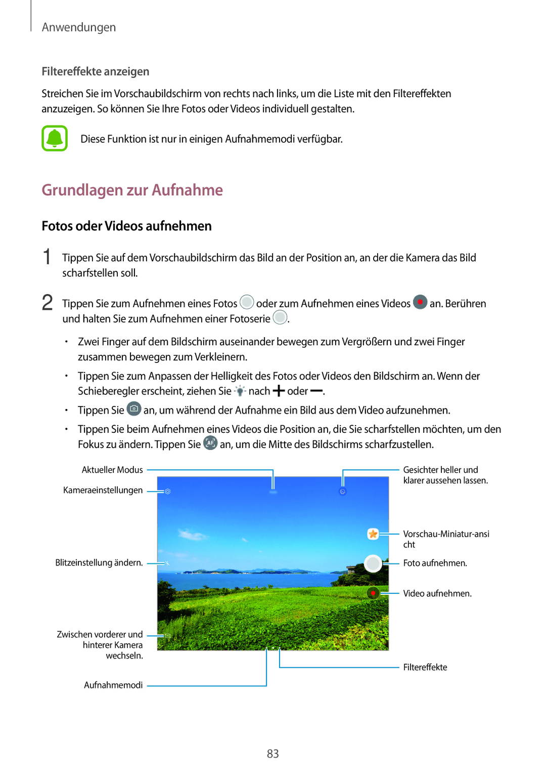 Samsung SM-T825NZSADBT, SM-T825NZKADBT manual Grundlagen zur Aufnahme, Fotos oder Videos aufnehmen 