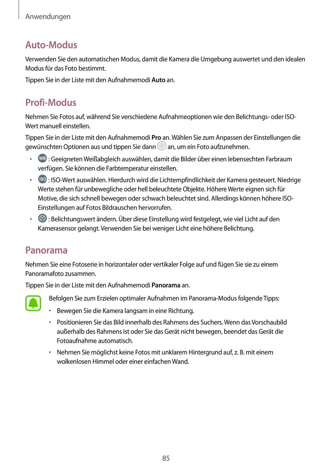 Samsung SM-T825NZSADBT, SM-T825NZKADBT manual Auto-Modus, Profi-Modus, Panorama 