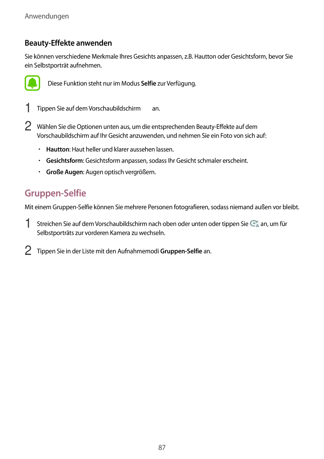 Samsung SM-T825NZSADBT, SM-T825NZKADBT manual Gruppen-Selfie, Beauty-Effekte anwenden 