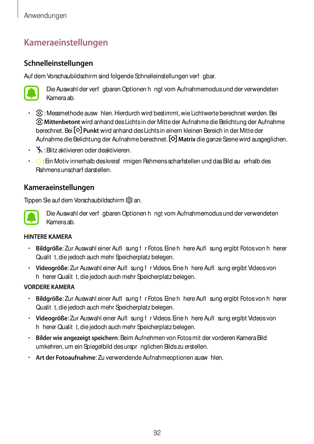 Samsung SM-T825NZKADBT, SM-T825NZSADBT manual Kameraeinstellungen, Schnelleinstellungen 