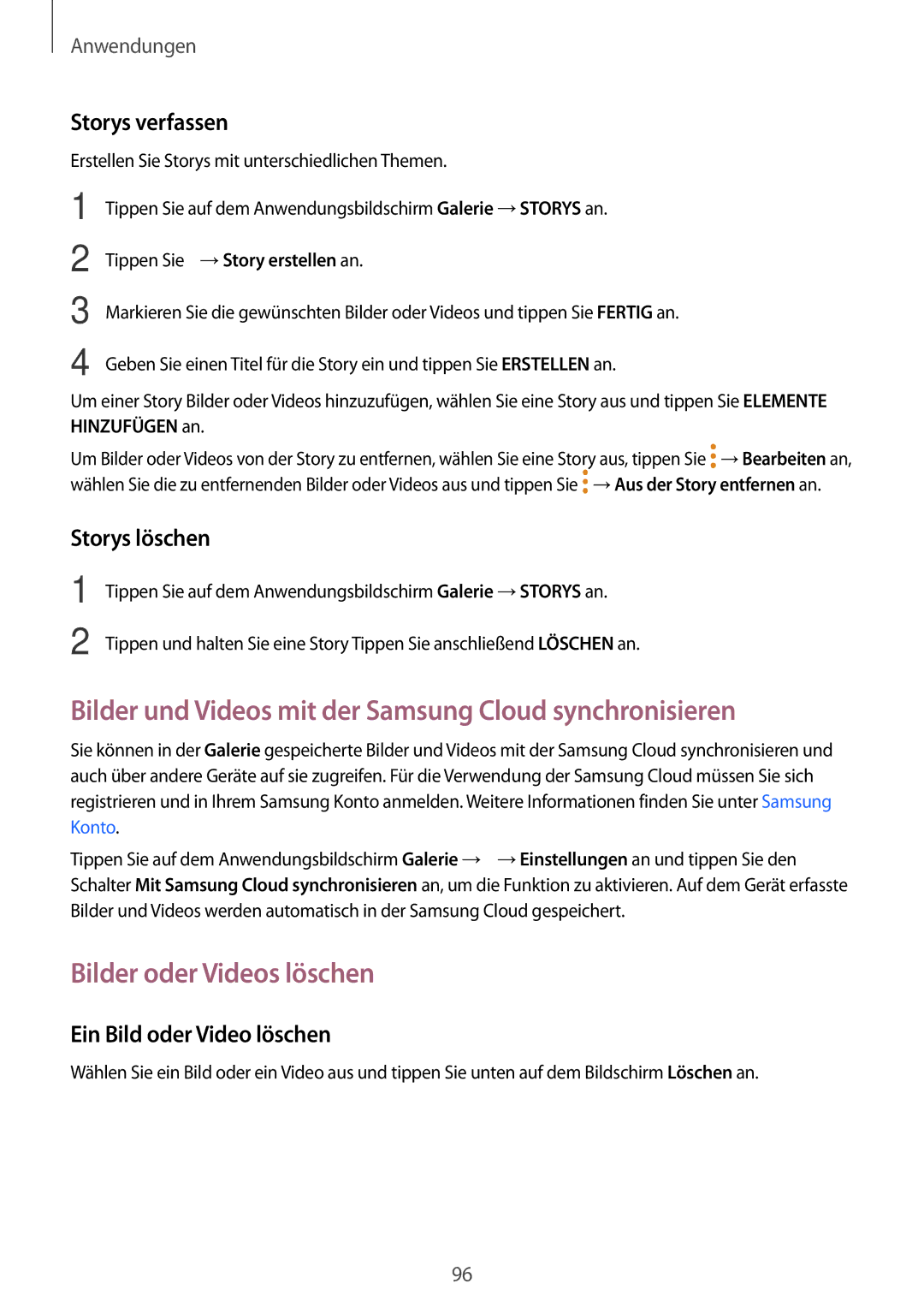 Samsung SM-T825NZKADBT Bilder und Videos mit der Samsung Cloud synchronisieren, Bilder oder Videos löschen, Storys löschen 