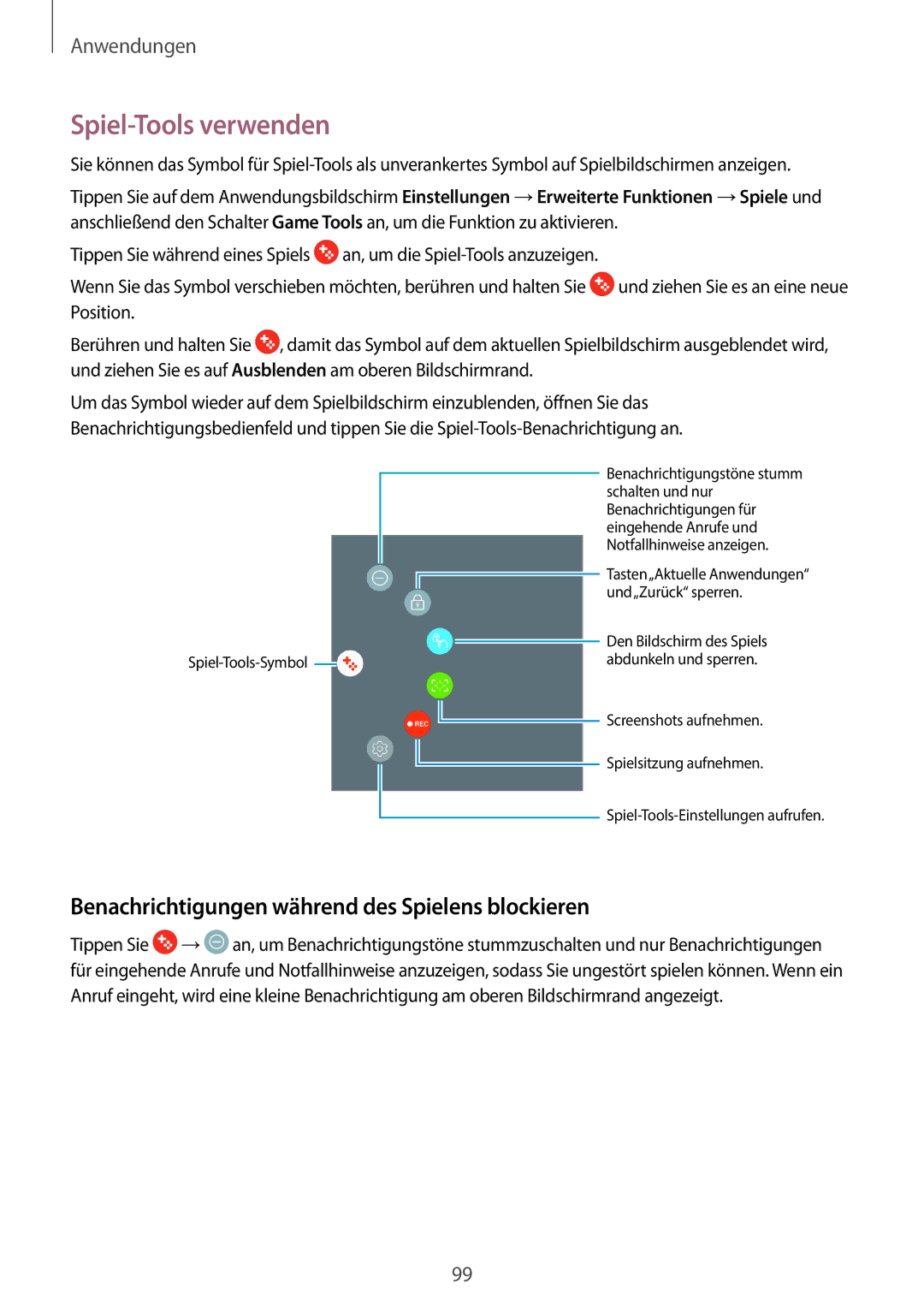 Samsung SM-T825NZSADBT, SM-T825NZKADBT manual Spiel-Tools verwenden, Benachrichtigungen während des Spielens blockieren 