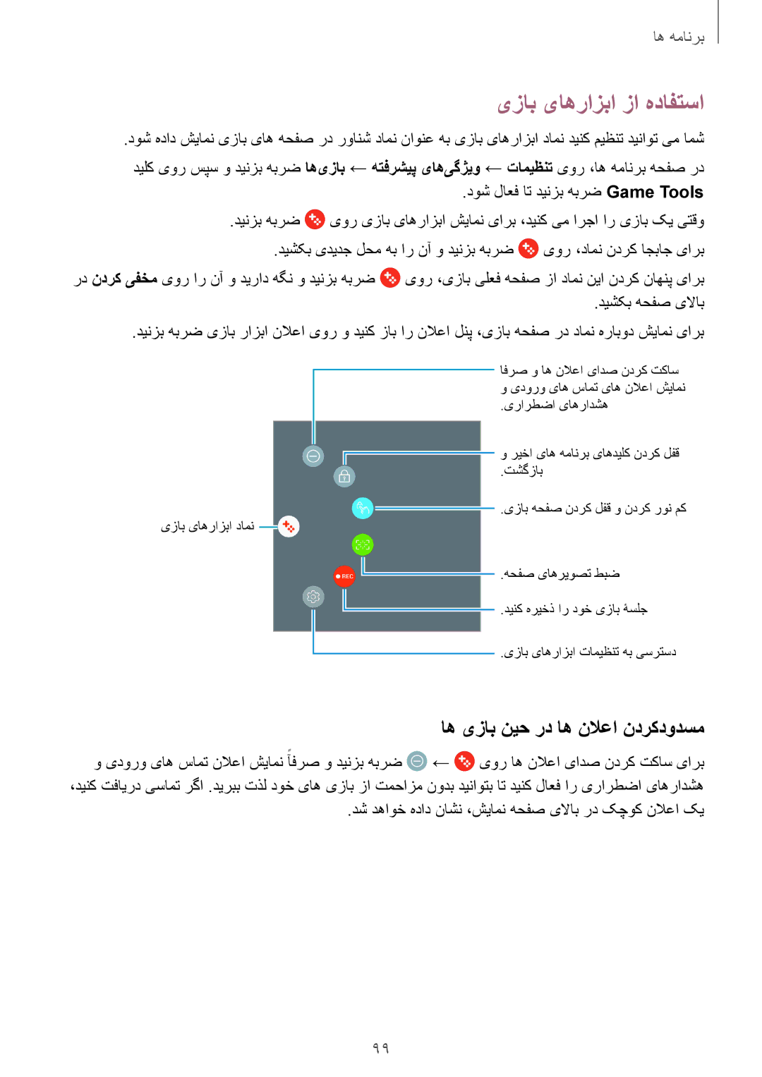 Samsung SM-T825NZKAKSA manual یزاب یاهرازبا زا هدافتسا, اه یزاب نیح رد اه نلاعا ندرکدودسم 