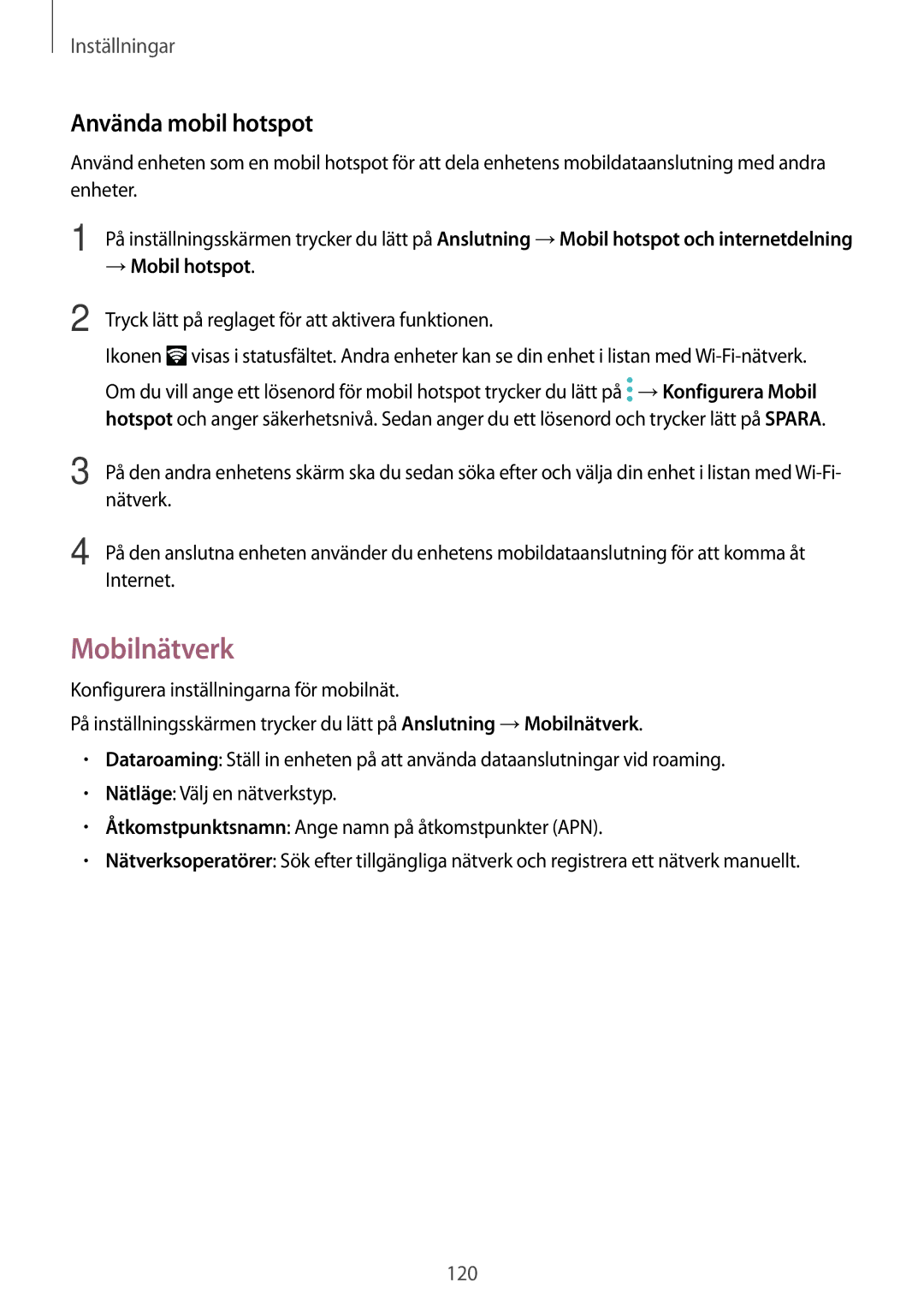 Samsung SM-T825NZKANEE, SM-T825NZSANEE manual Mobilnätverk, Använda mobil hotspot 