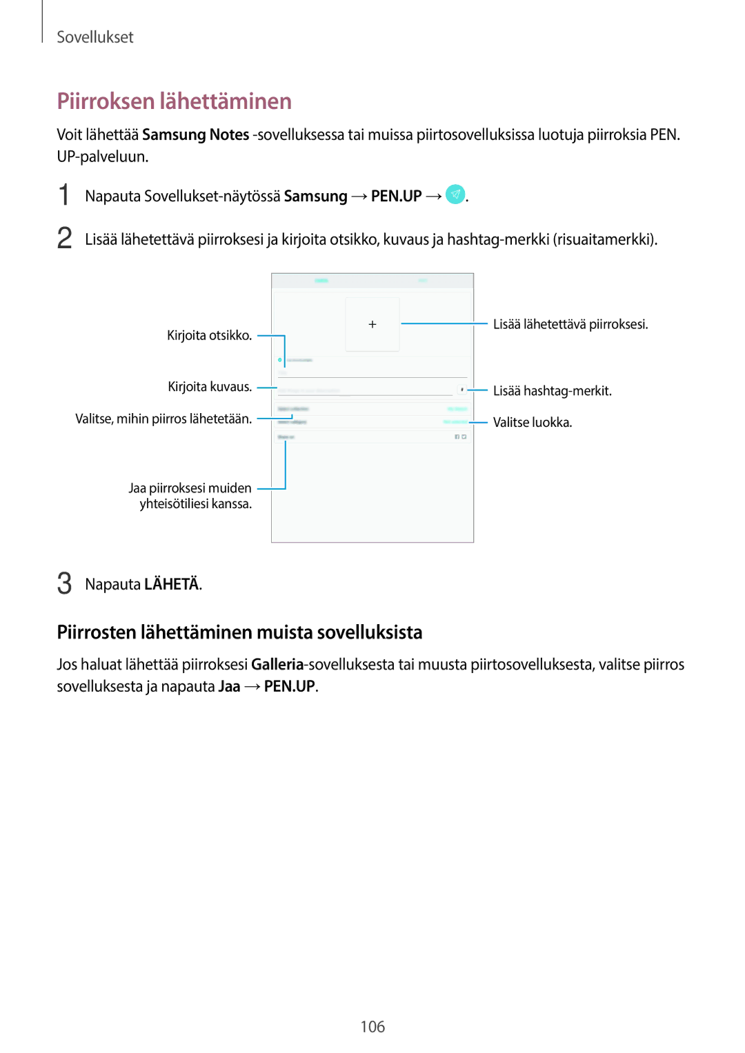 Samsung SM-T825NZKANEE manual Piirroksen lähettäminen, Piirrosten lähettäminen muista sovelluksista, Napauta Lähetä 