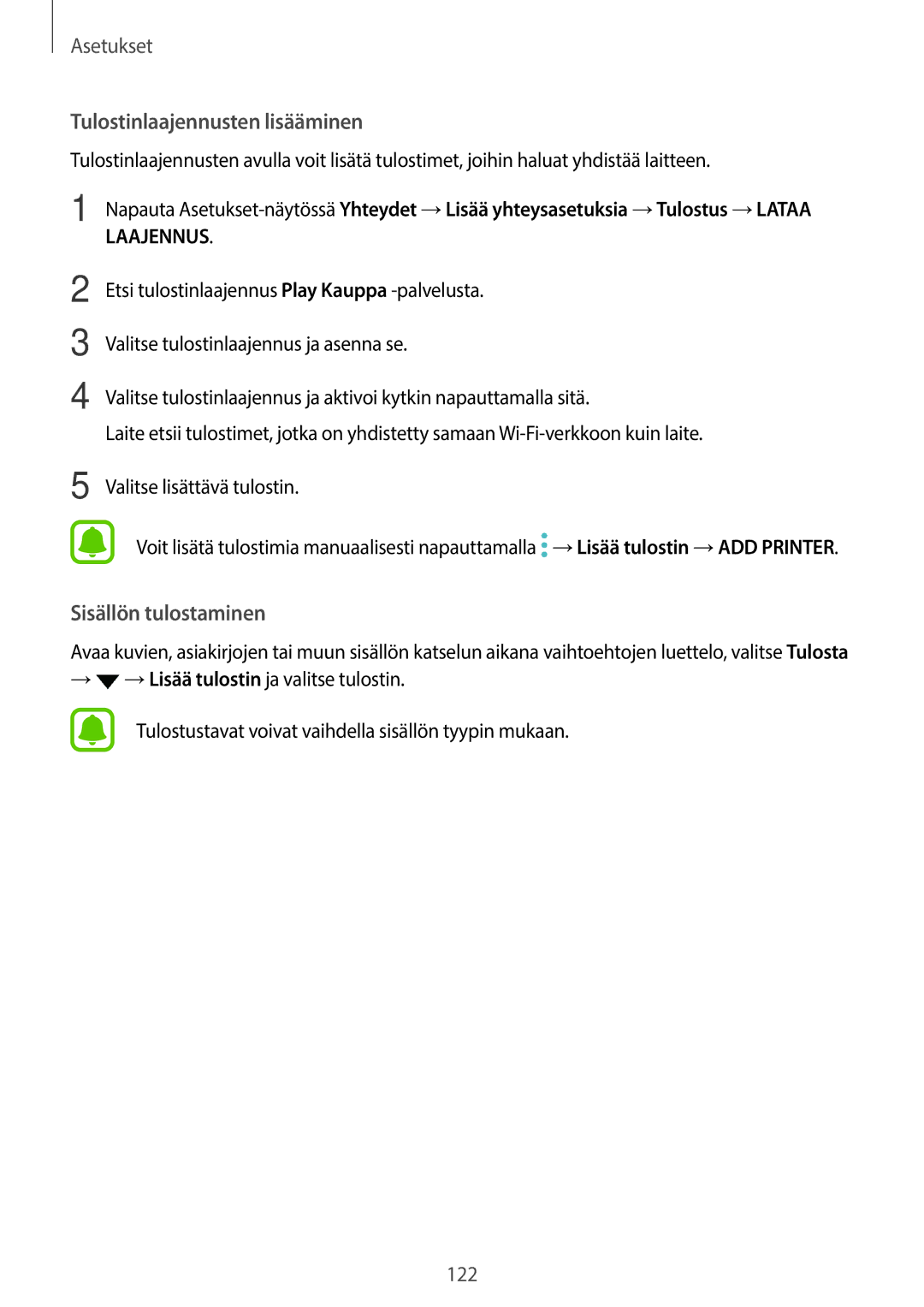 Samsung SM-T825NZKANEE, SM-T825NZSANEE manual Tulostinlaajennusten lisääminen 