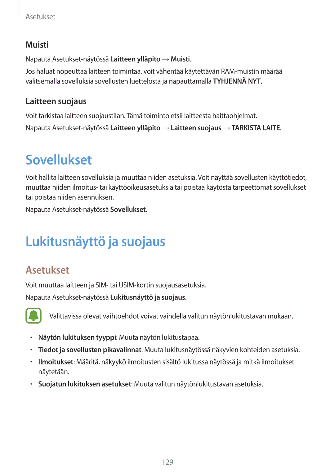 Samsung SM-T825NZSANEE, SM-T825NZKANEE manual Sovellukset, Lukitusnäyttö ja suojaus, Muisti, Laitteen suojaus 