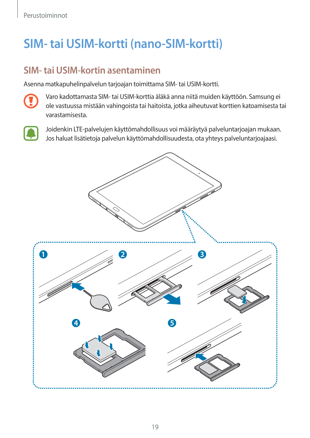 Samsung SM-T825NZSANEE, SM-T825NZKANEE manual SIM- tai USIM-kortti nano-SIM-kortti, SIM- tai USIM-kortin asentaminen 