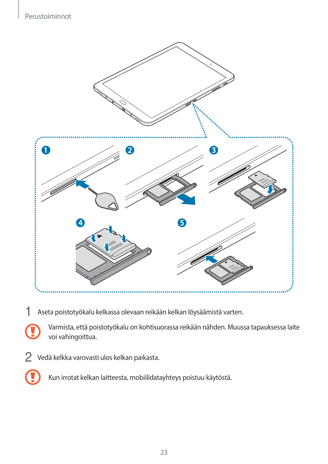 Samsung SM-T825NZSANEE, SM-T825NZKANEE manual Voi vahingoittua, Vedä kelkka varovasti ulos kelkan paikasta 