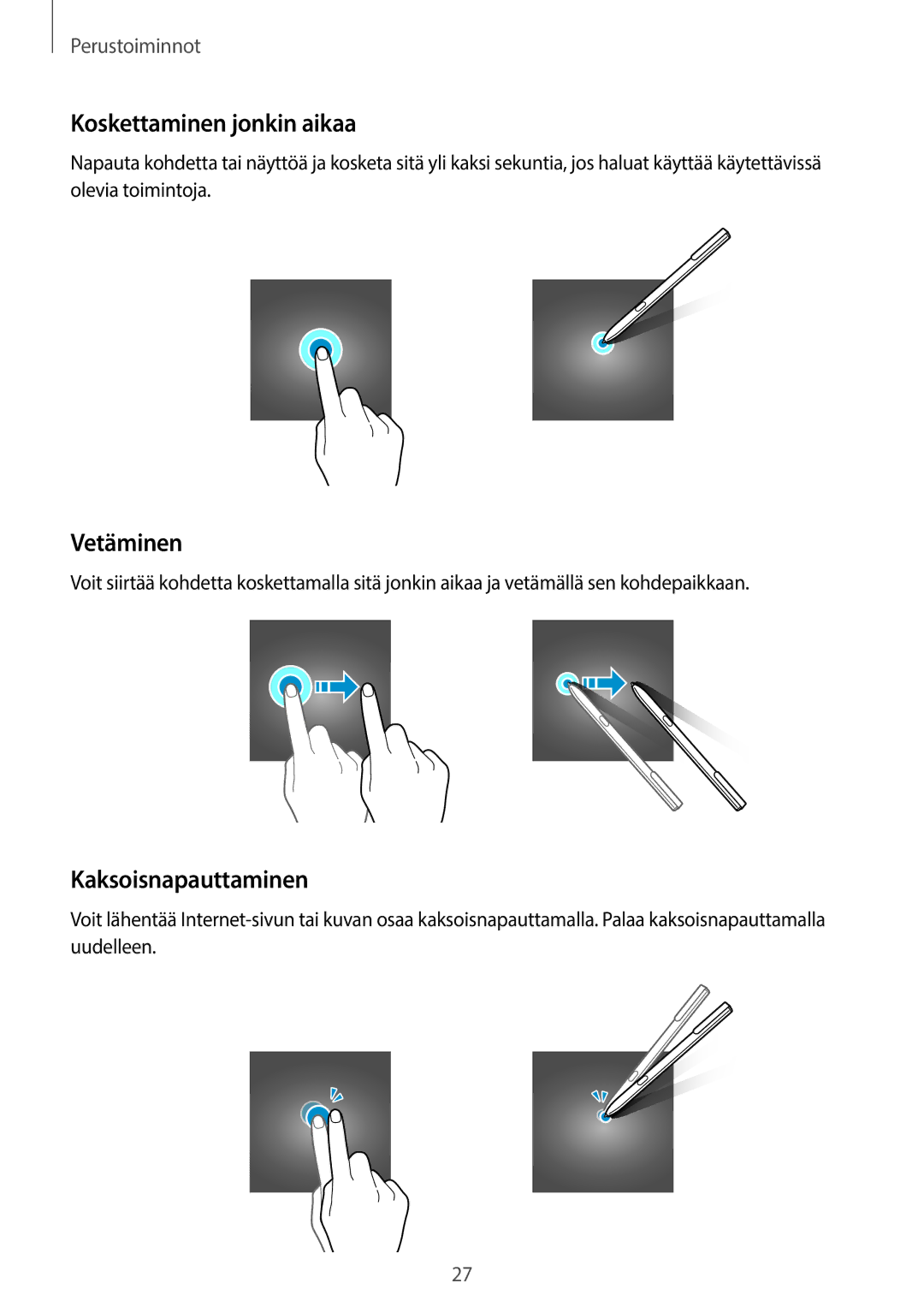 Samsung SM-T825NZSANEE, SM-T825NZKANEE manual Koskettaminen jonkin aikaa, Vetäminen, Kaksoisnapauttaminen 