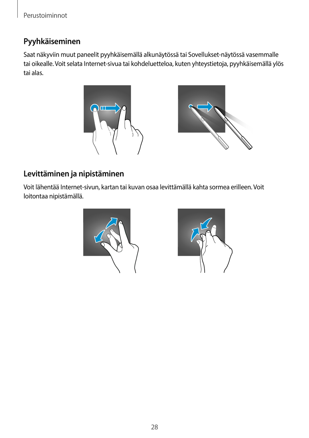 Samsung SM-T825NZKANEE, SM-T825NZSANEE manual Pyyhkäiseminen, Levittäminen ja nipistäminen 