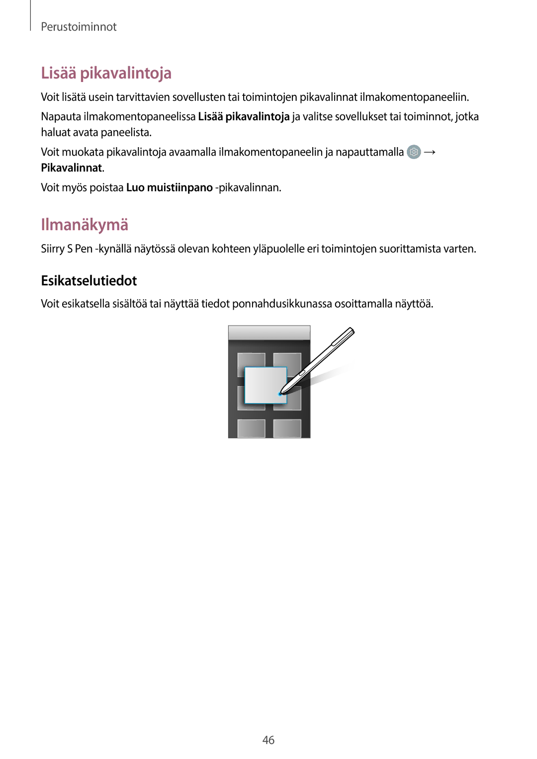 Samsung SM-T825NZKANEE, SM-T825NZSANEE manual Lisää pikavalintoja, Ilmanäkymä, Esikatselutiedot 