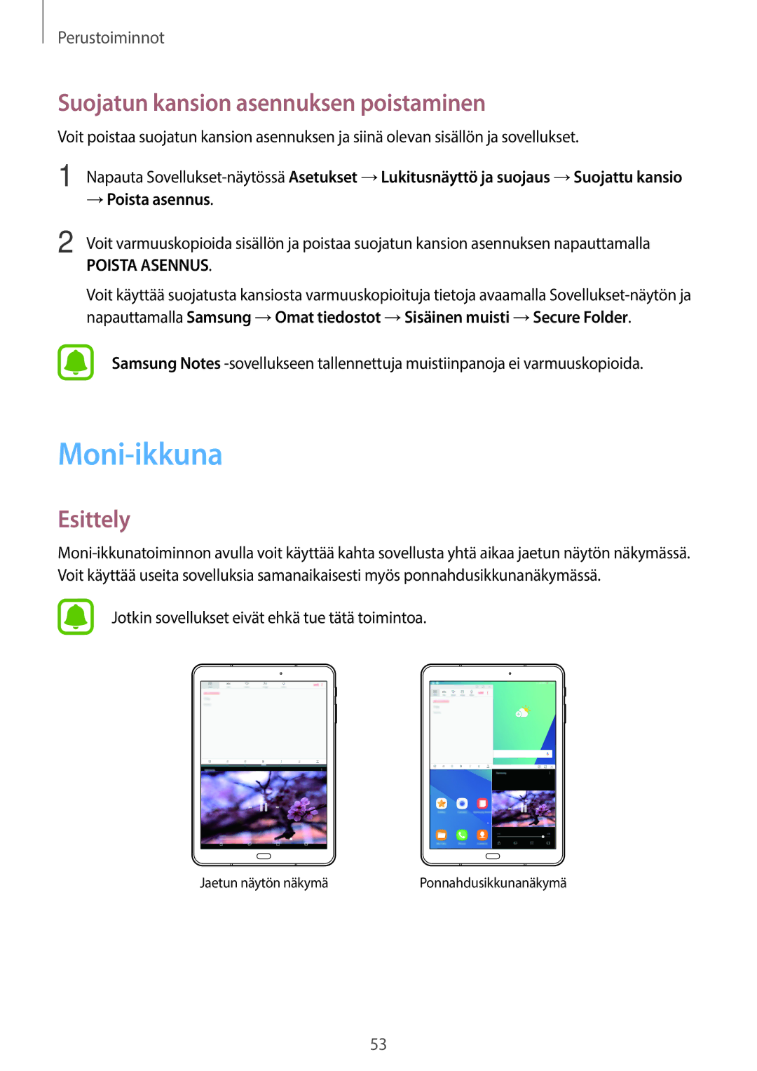 Samsung SM-T825NZSANEE, SM-T825NZKANEE manual Moni-ikkuna, Suojatun kansion asennuksen poistaminen, → Poista asennus 