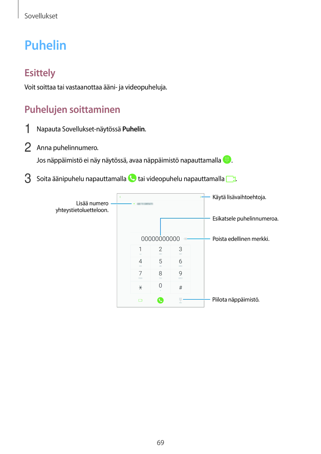 Samsung SM-T825NZSANEE manual Puhelin, Puhelujen soittaminen, Voit soittaa tai vastaanottaa ääni- ja videopuheluja 