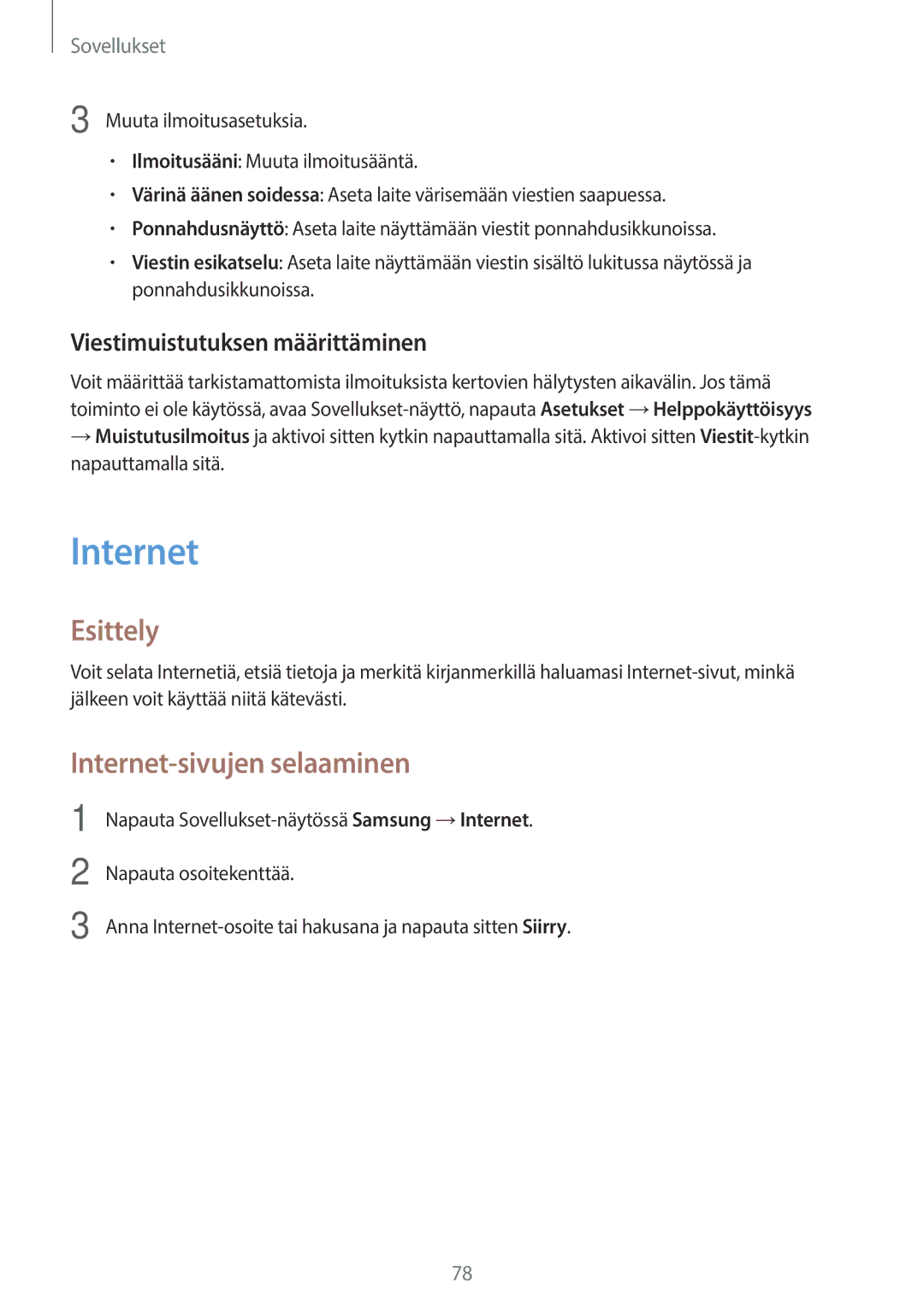 Samsung SM-T825NZKANEE, SM-T825NZSANEE manual Internet-sivujen selaaminen, Viestimuistutuksen määrittäminen 