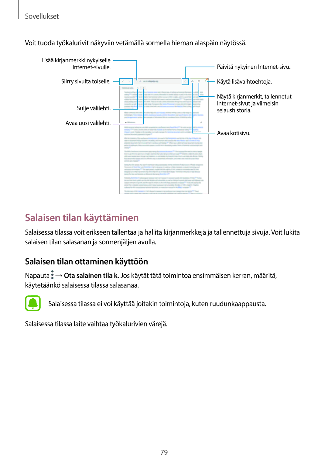 Samsung SM-T825NZSANEE, SM-T825NZKANEE manual Salaisen tilan käyttäminen, Salaisen tilan ottaminen käyttöön 