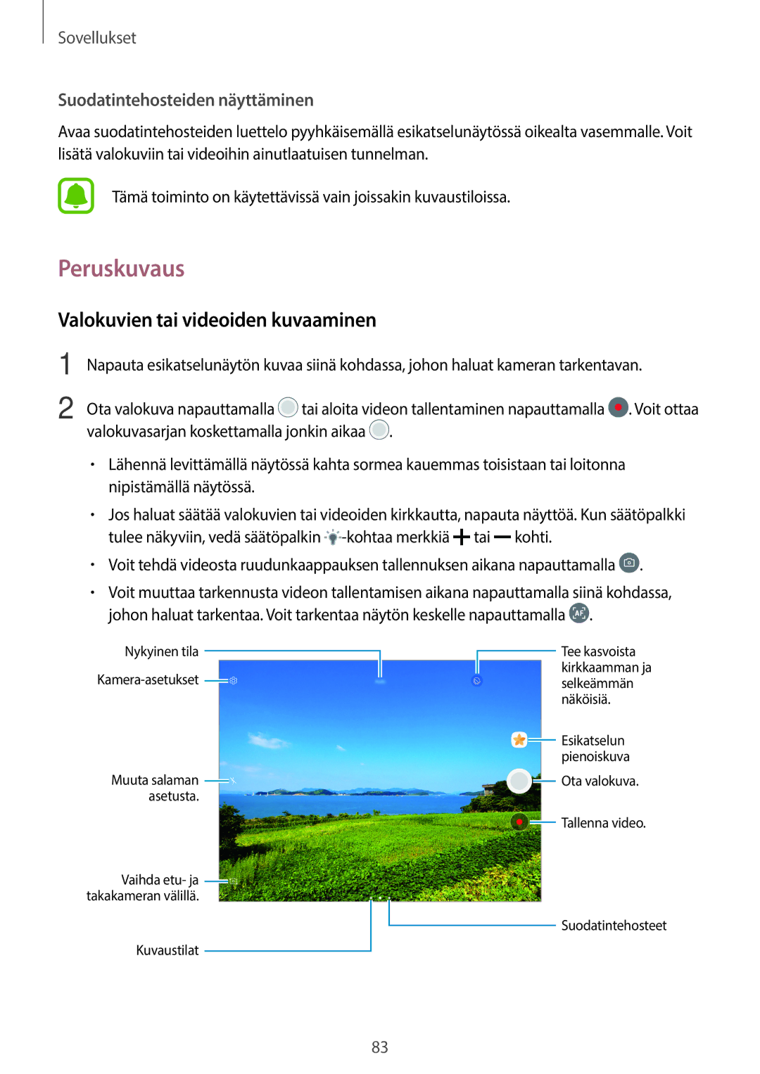 Samsung SM-T825NZSANEE, SM-T825NZKANEE manual Peruskuvaus, Valokuvien tai videoiden kuvaaminen 