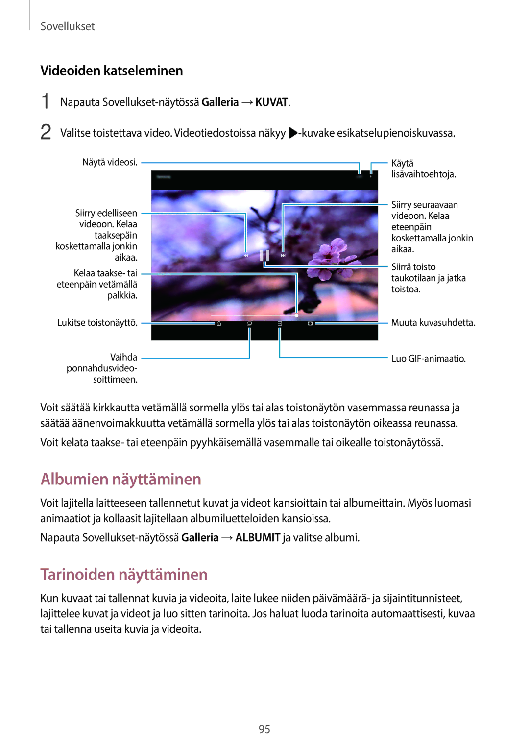 Samsung SM-T825NZSANEE, SM-T825NZKANEE manual Albumien näyttäminen, Tarinoiden näyttäminen, Videoiden katseleminen 