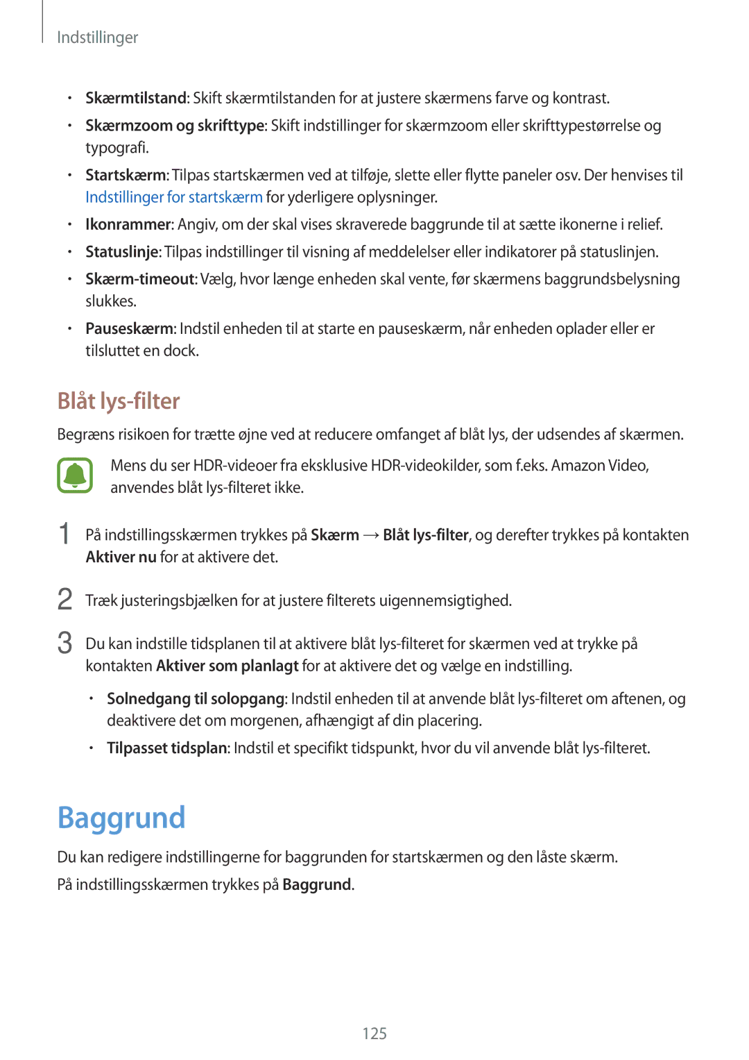 Samsung SM-T825NZSANEE, SM-T825NZKANEE manual Baggrund, Blåt lys-filter 