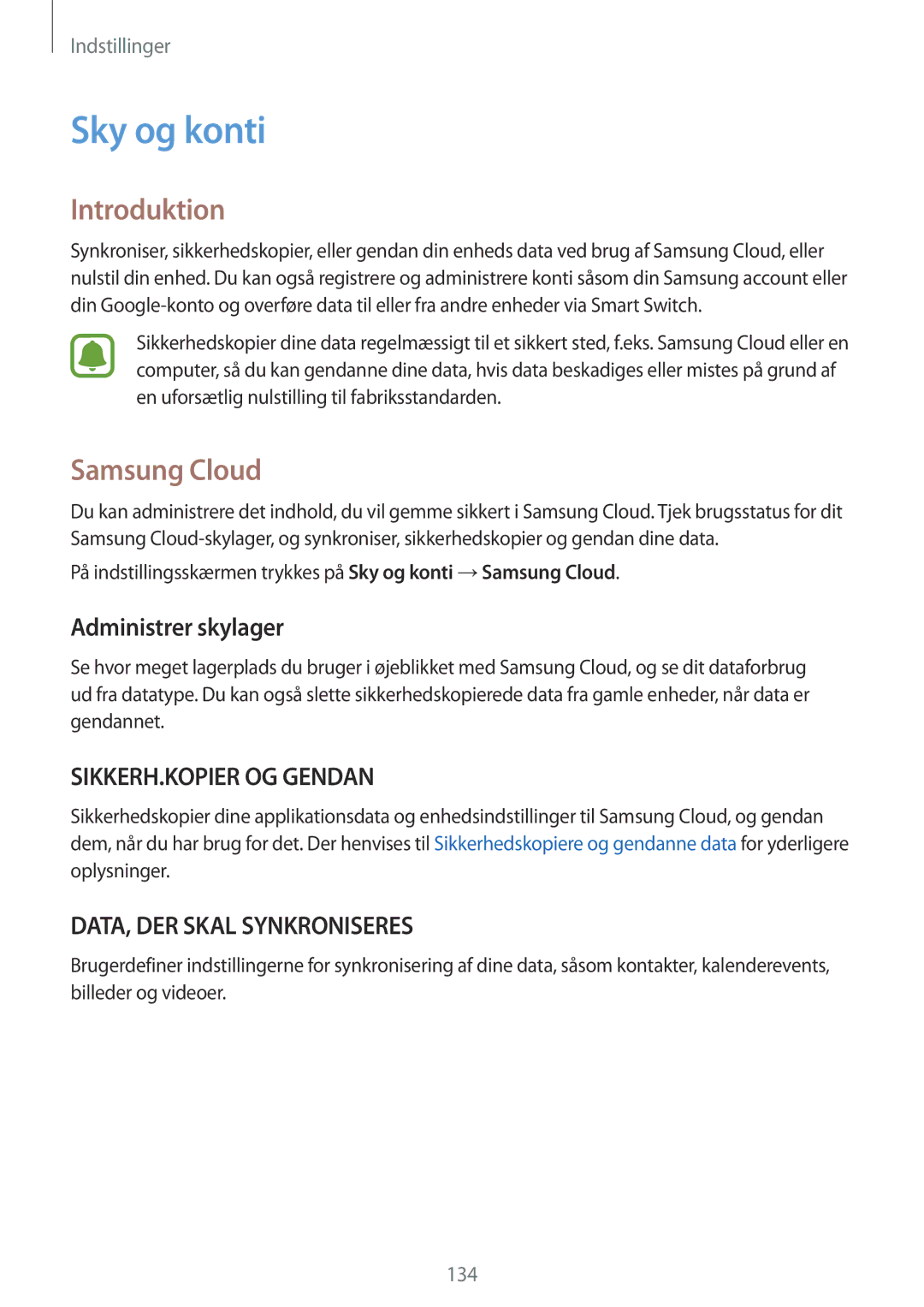 Samsung SM-T825NZKANEE, SM-T825NZSANEE manual Sky og konti, Samsung Cloud, Administrer skylager 