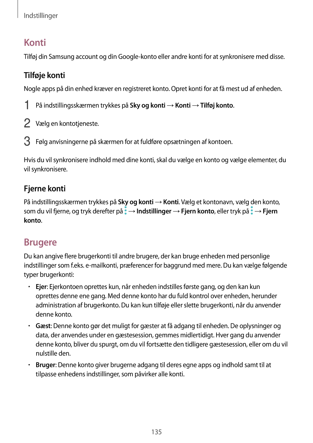 Samsung SM-T825NZSANEE, SM-T825NZKANEE manual Konti, Brugere, Tilføje konti, Fjerne konti 