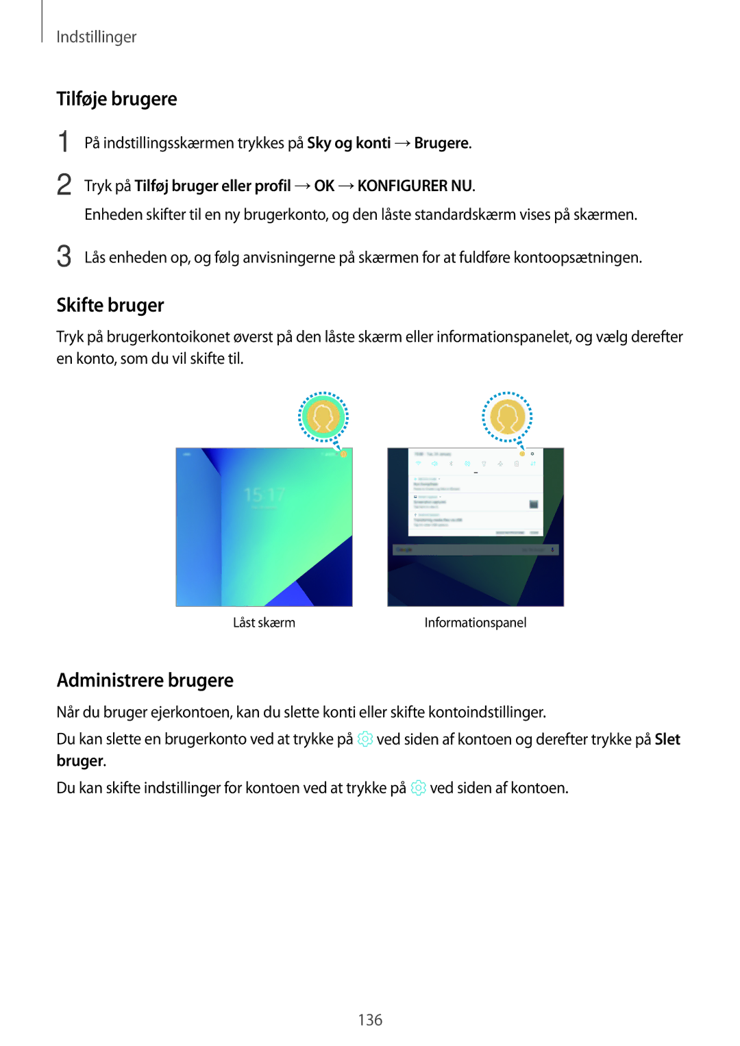 Samsung SM-T825NZKANEE, SM-T825NZSANEE manual Tilføje brugere, Skifte bruger, Administrere brugere 