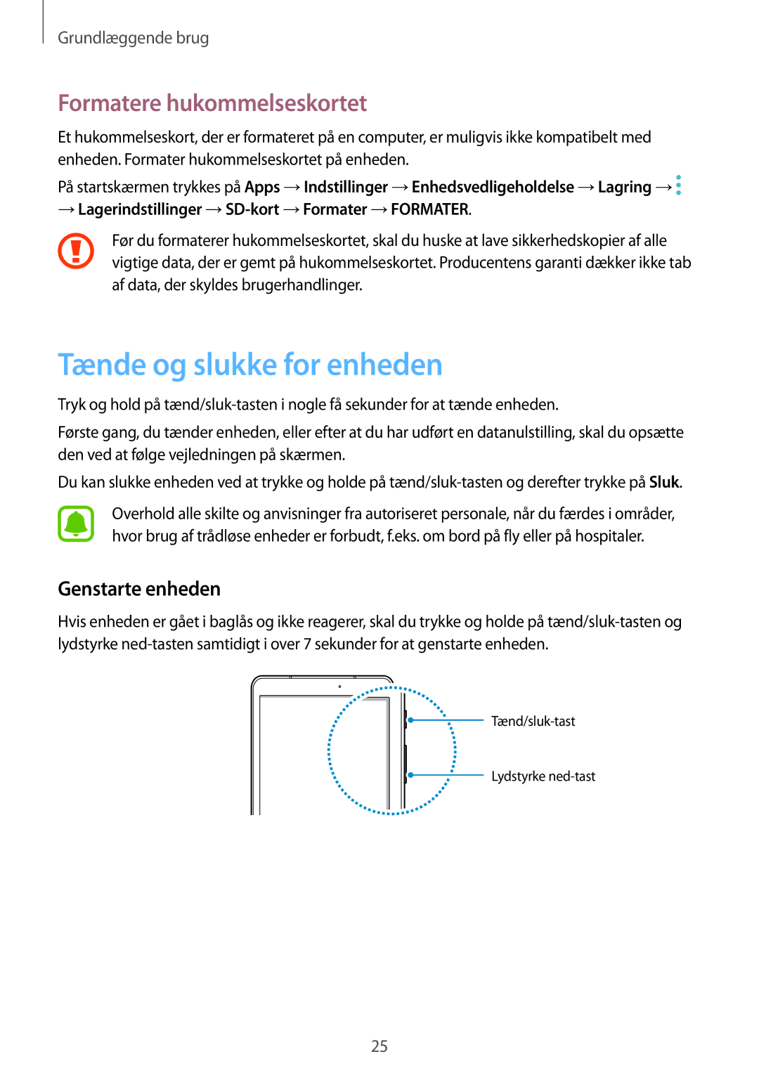 Samsung SM-T825NZSANEE, SM-T825NZKANEE manual Tænde og slukke for enheden, Formatere hukommelseskortet, Genstarte enheden 