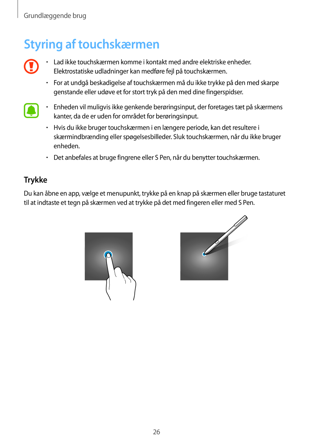 Samsung SM-T825NZKANEE, SM-T825NZSANEE manual Styring af touchskærmen, Trykke 