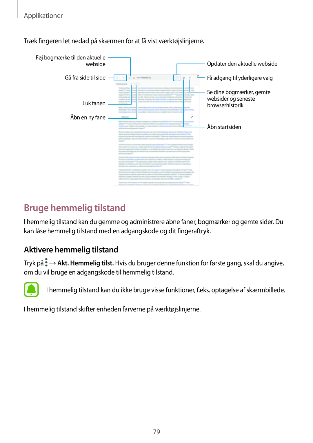 Samsung SM-T825NZSANEE, SM-T825NZKANEE manual Bruge hemmelig tilstand, Aktivere hemmelig tilstand 